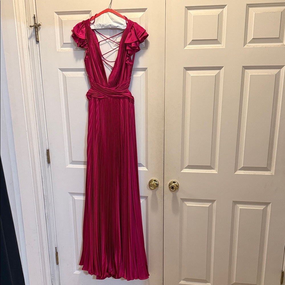 Fuchsia Pleated Maxi with Crisscross Back and Ruffle Sleeves